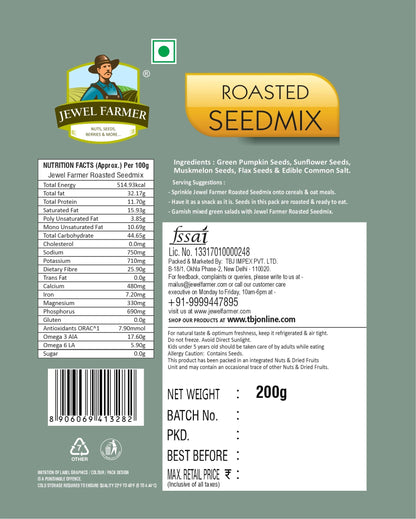 Informational image of Jewel Farmer Roasted Seedmix 200g highlighting protein, fiber, and benefits of healthy, roasted mixed seeds.