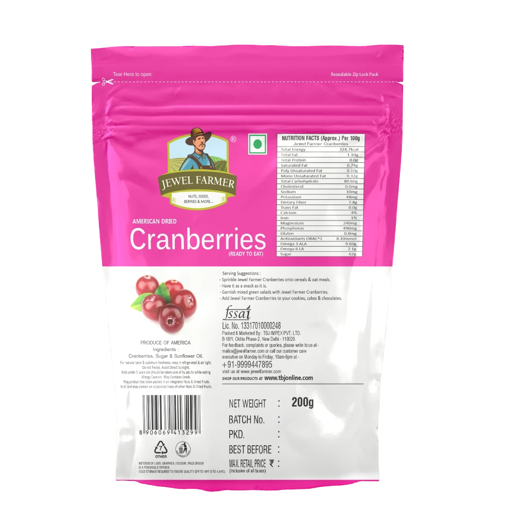 Packaging back of Jewel Farmer 200g Cranberries – shows ingredients and nutritional value of sweet and tangy American dried fruits.