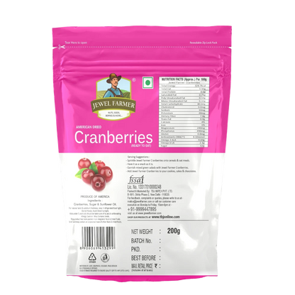 Packaging back of Jewel Farmer 200g Cranberries – shows ingredients and nutritional value of sweet and tangy American dried fruits.