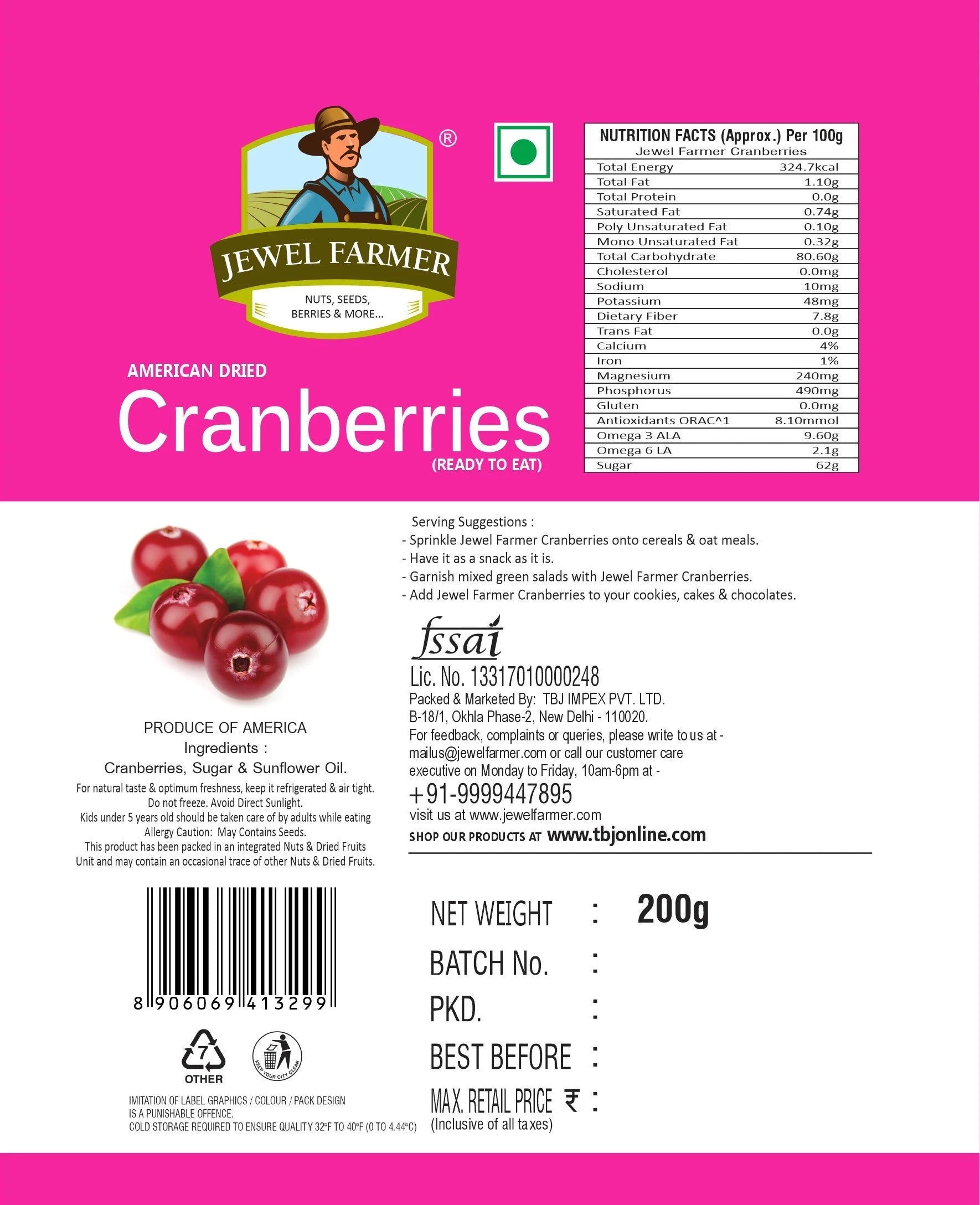 Information label of Jewel Farmer Cranberries 200g – details about organic ingredients, calories, and natural dry fruit benefits.