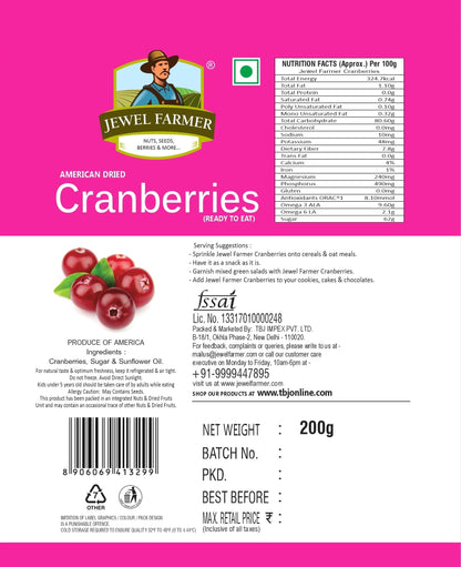 Information label of Jewel Farmer Cranberries 200g – details about organic ingredients, calories, and natural dry fruit benefits.