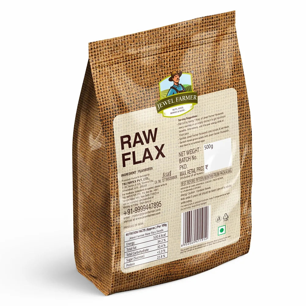 back image of jewel farmer raw flax seeds 500g showing nutritional values, ingredients, and product details for healthy living.