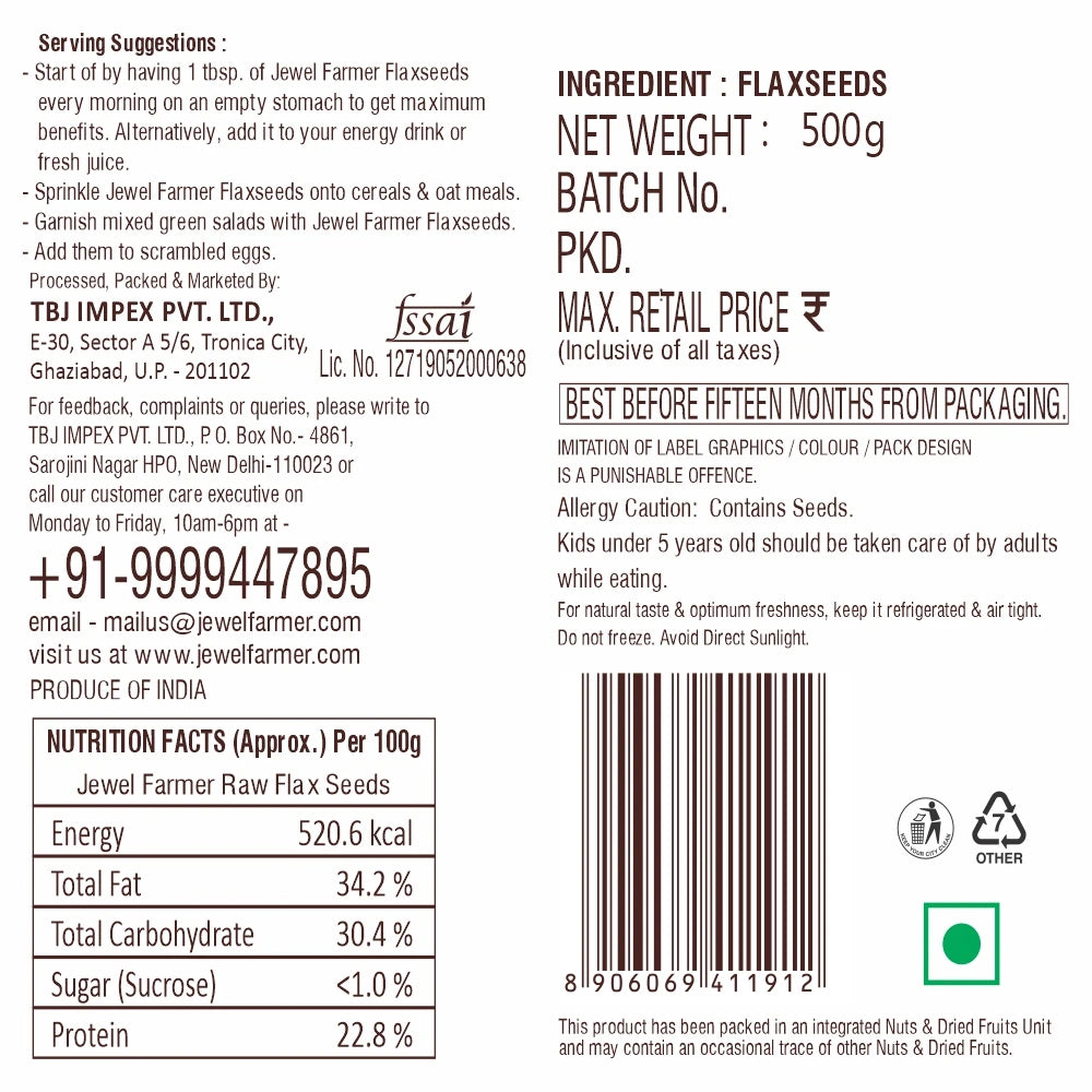 Informational image of Jewel Farmer Raw Flax Seeds 500g highlighting health benefits, omega-3, fiber, and protein content.
