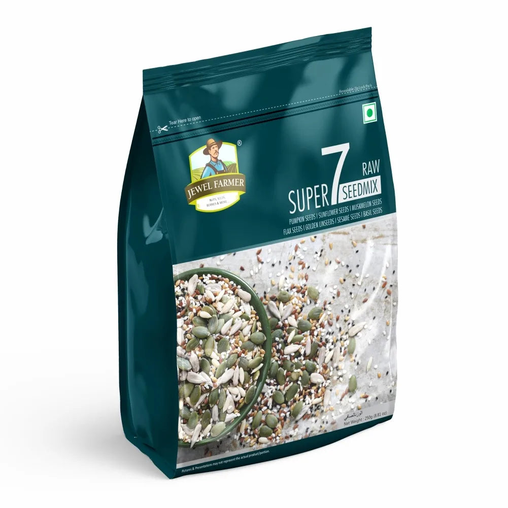 Jewel Farmer Raw Super 7 Seed Mix 250g pack – high-protein, fiber-rich natural seed blend for healthy diet, snacking, and energy.