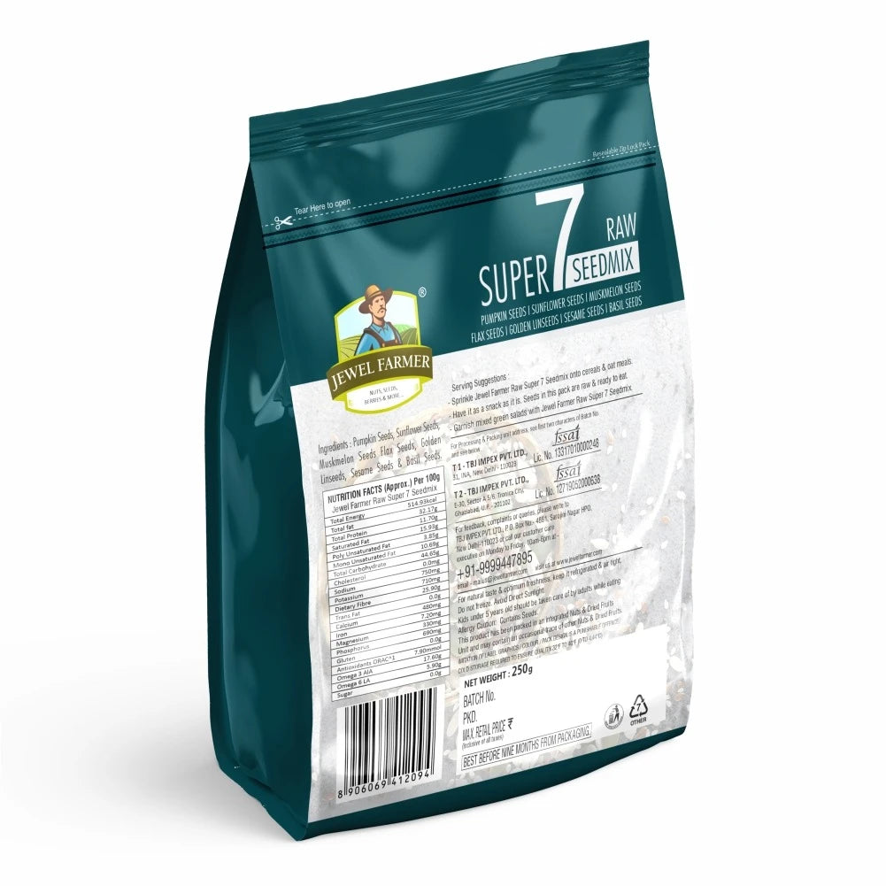 Back image of Jewel Farmer Raw Super 7 Seed Mix 250g showing nutrition info, ingredients, and natural seed blend details.