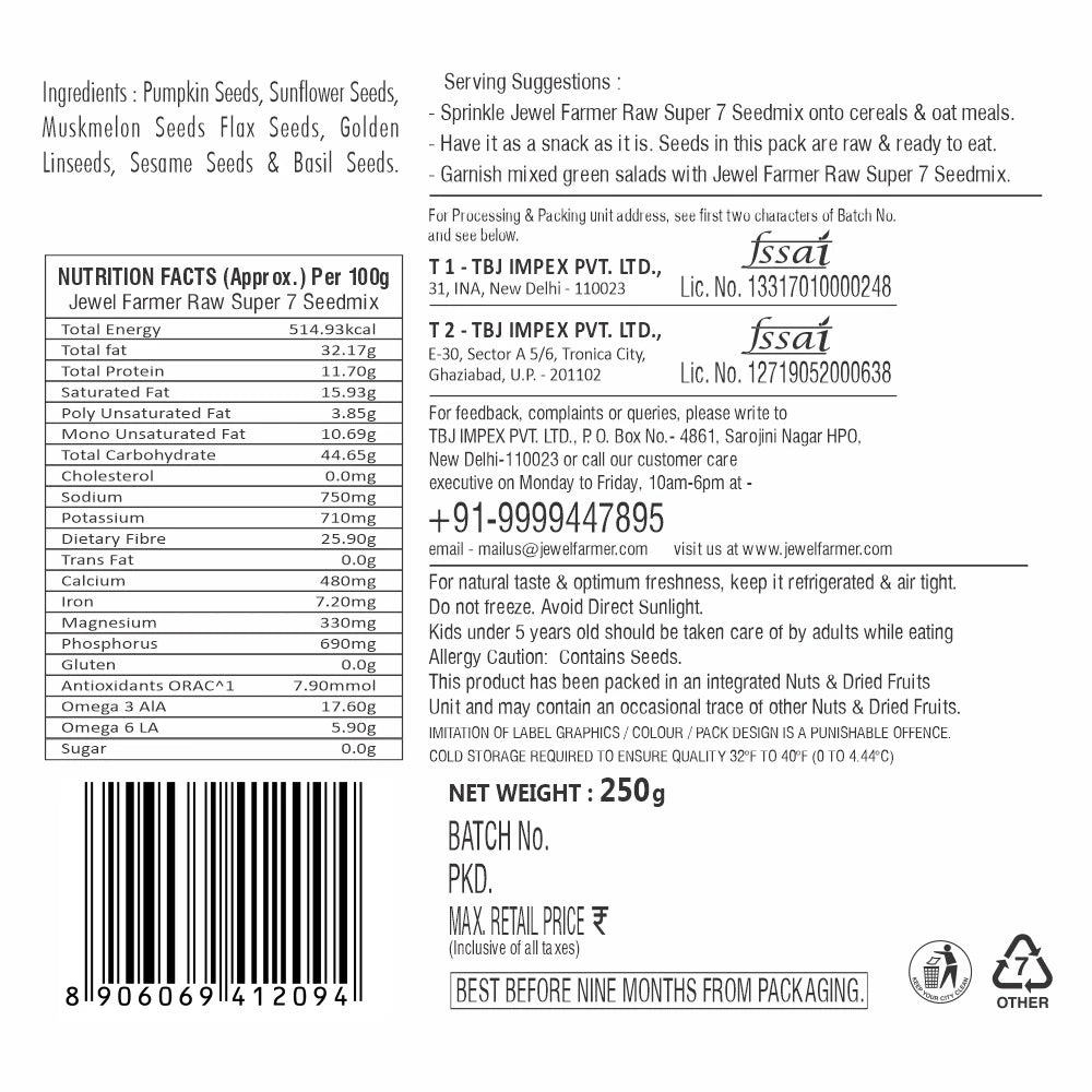 Informational image of Jewel Farmer Raw Super 7 Seed Mix 250g highlighting health benefits, protein content, and natural ingredients.