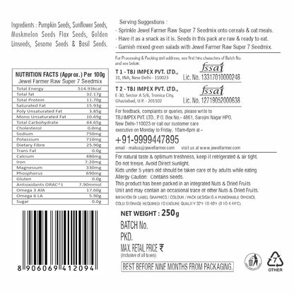 Informational image of Jewel Farmer Raw Super 7 Seed Mix 250g highlighting health benefits, protein content, and natural ingredients.