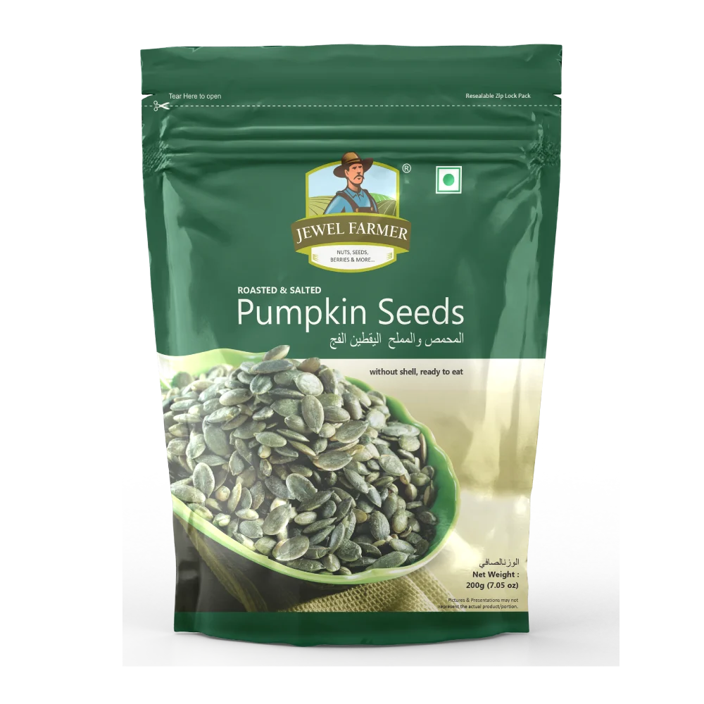 Jewel Farmer Roasted Pumpkin Seeds 200g pouch featuring toasted super seeds, ideal for weight management, digestion, and plant-based protein.