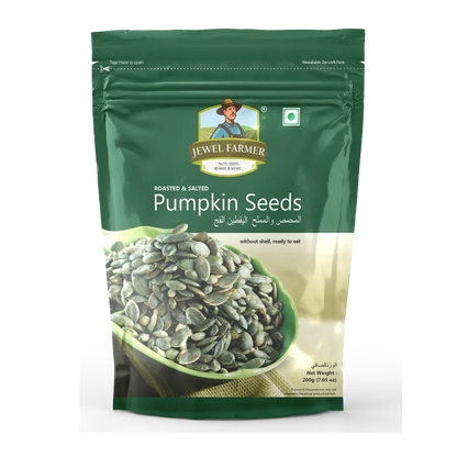 Jewel Farmer Roasted Pumpkin Seeds 200g pouch featuring toasted super seeds, ideal for weight management, digestion, and plant-based protein.