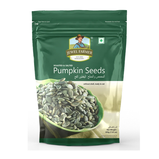 Jewel Farmer Roasted Pumpkin Seeds 200g pouch featuring toasted super seeds, ideal for weight management, digestion, and plant-based protein.
