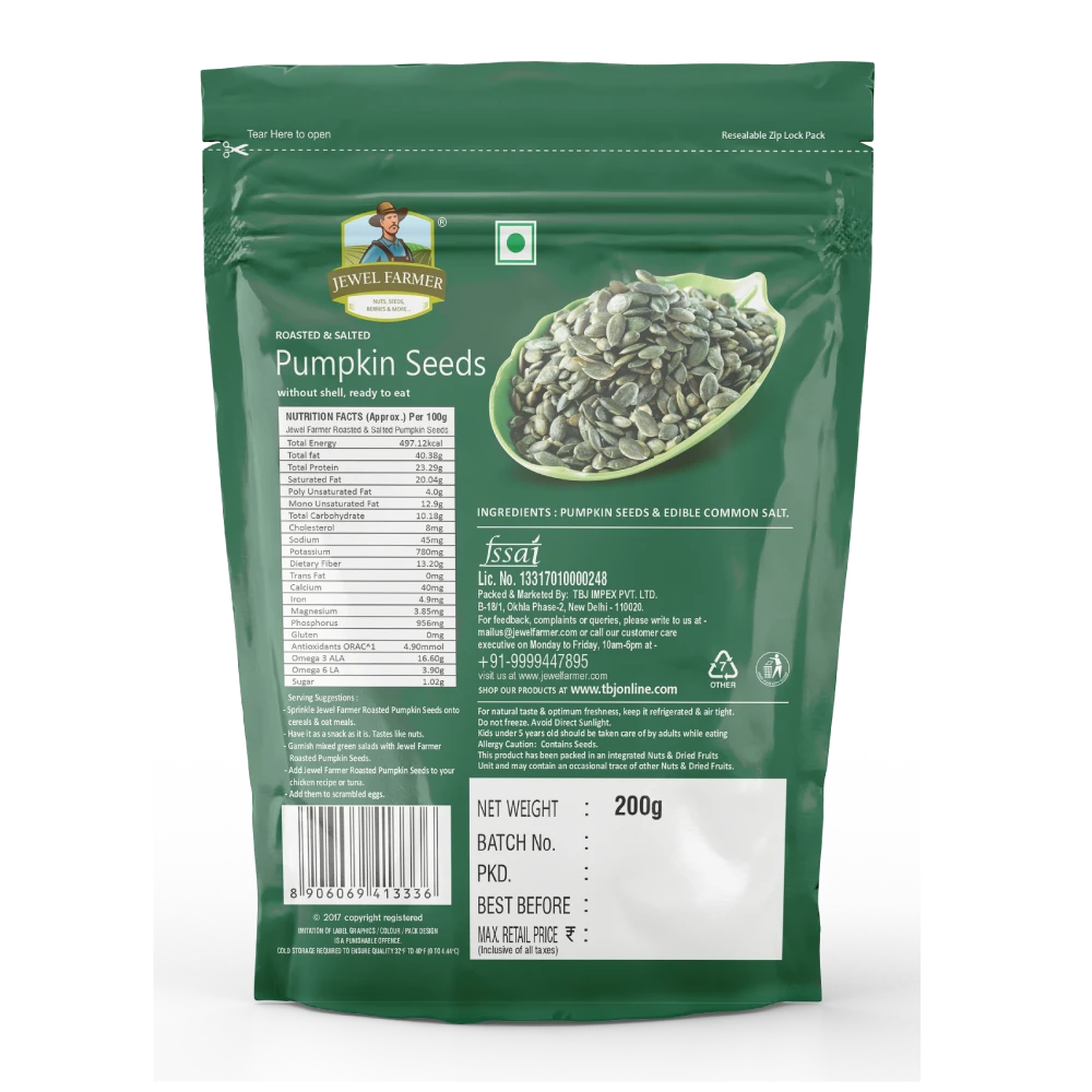 Back view of Jewel Farmer Roasted Pumpkin Seeds 200g pack displaying nutritional values, seed origin, and dietary fiber-rich ingredients.