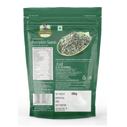 Back view of Jewel Farmer Roasted Pumpkin Seeds 200g pack displaying nutritional values, seed origin, and dietary fiber-rich ingredients.