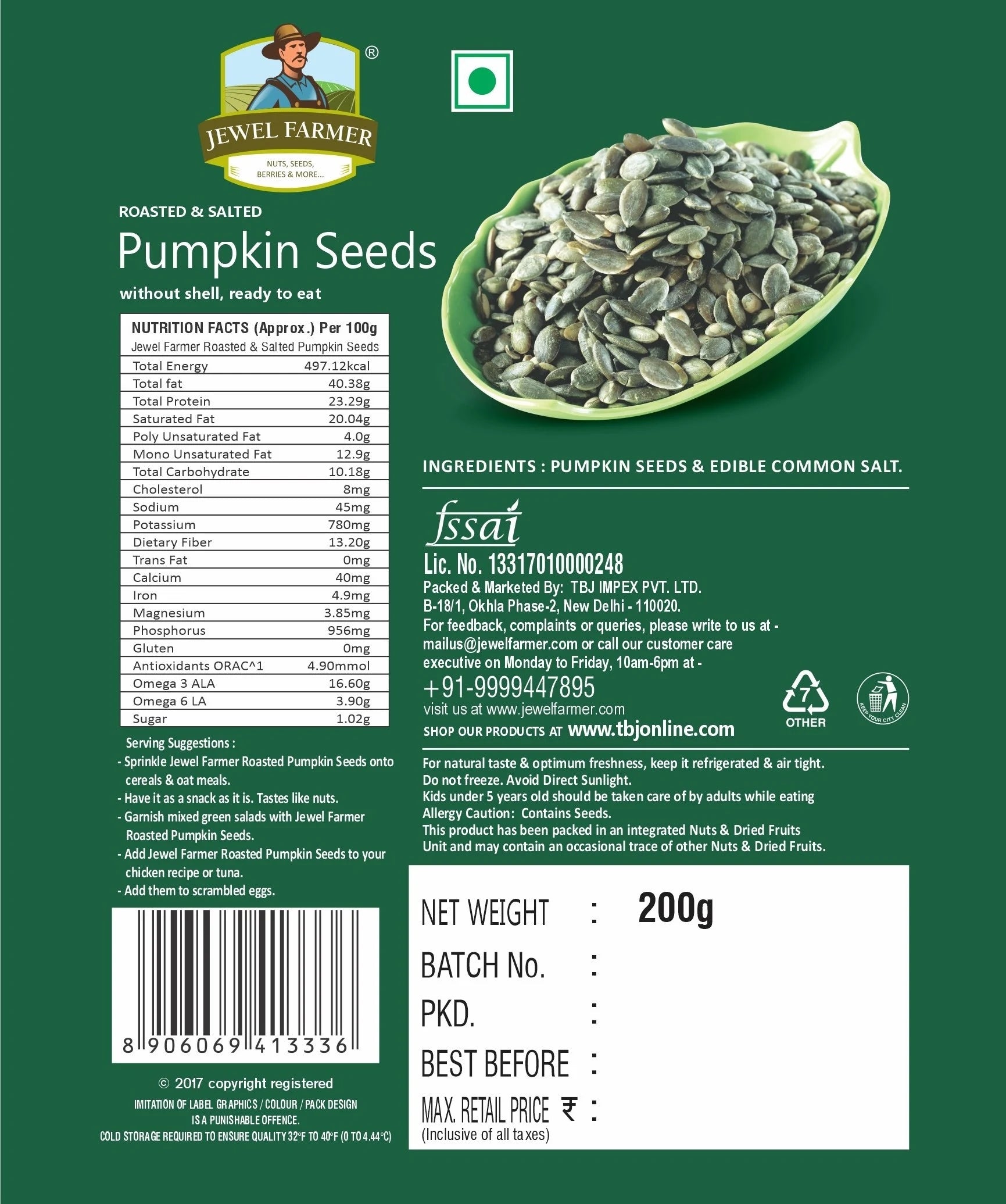 Informational label of Jewel Farmer Roasted Pumpkin Seeds 200g highlighting roasted seed content, natural fats, minerals, and clean nutrition details.