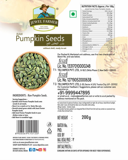 Jewel Farmer raw pumpkin seeds 200g packaging with nutritional information and ingredients list