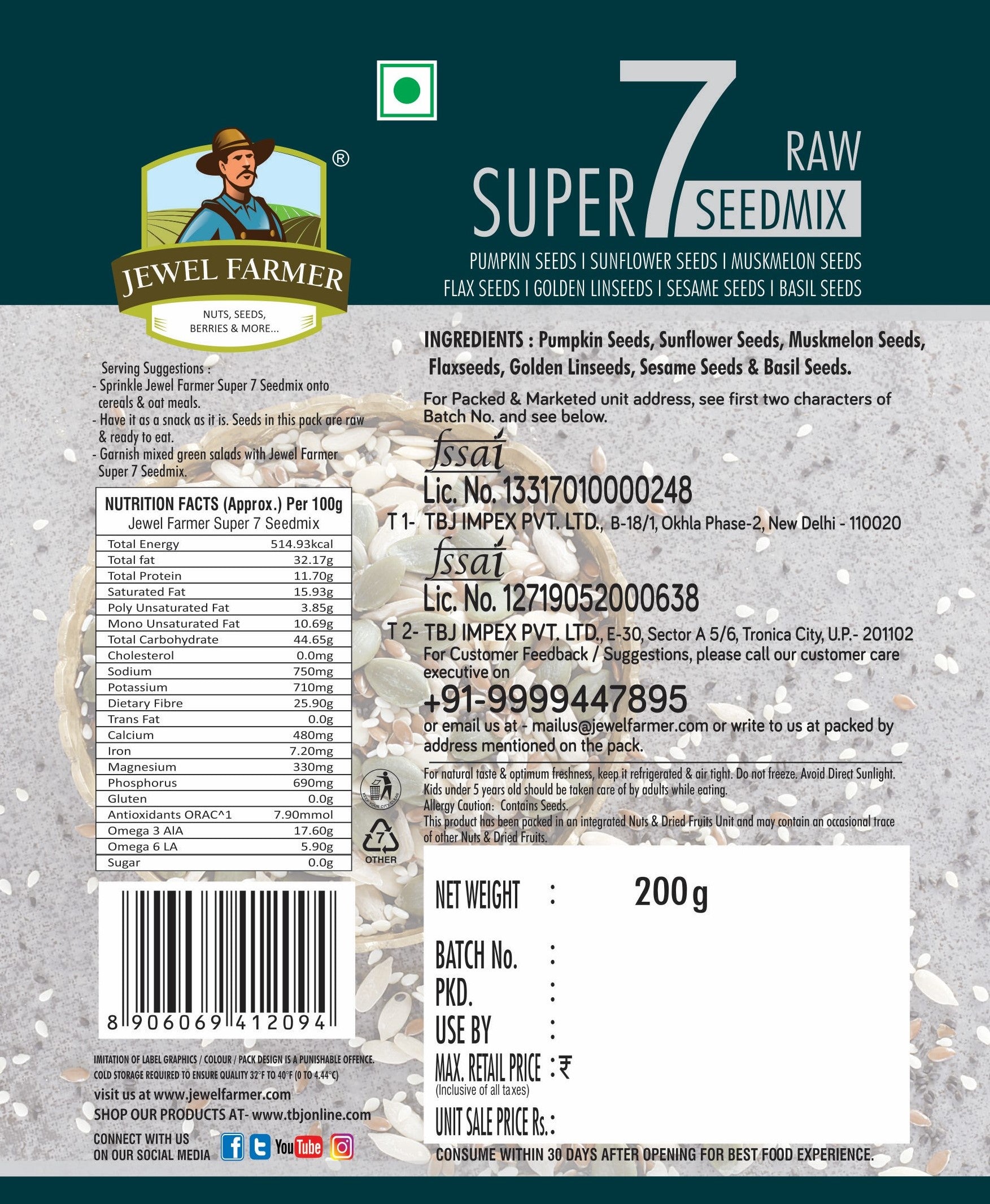 Jewel Farmer Raw Super 7 Seedmix 200g product information image