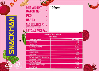 SnackMan Cream & Onion Beetroot Chips packaging with pink background and product details.