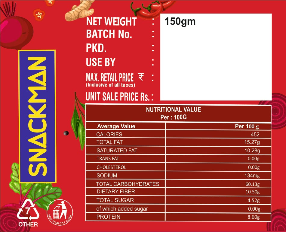 snackman food package label with nutritional information on a red background