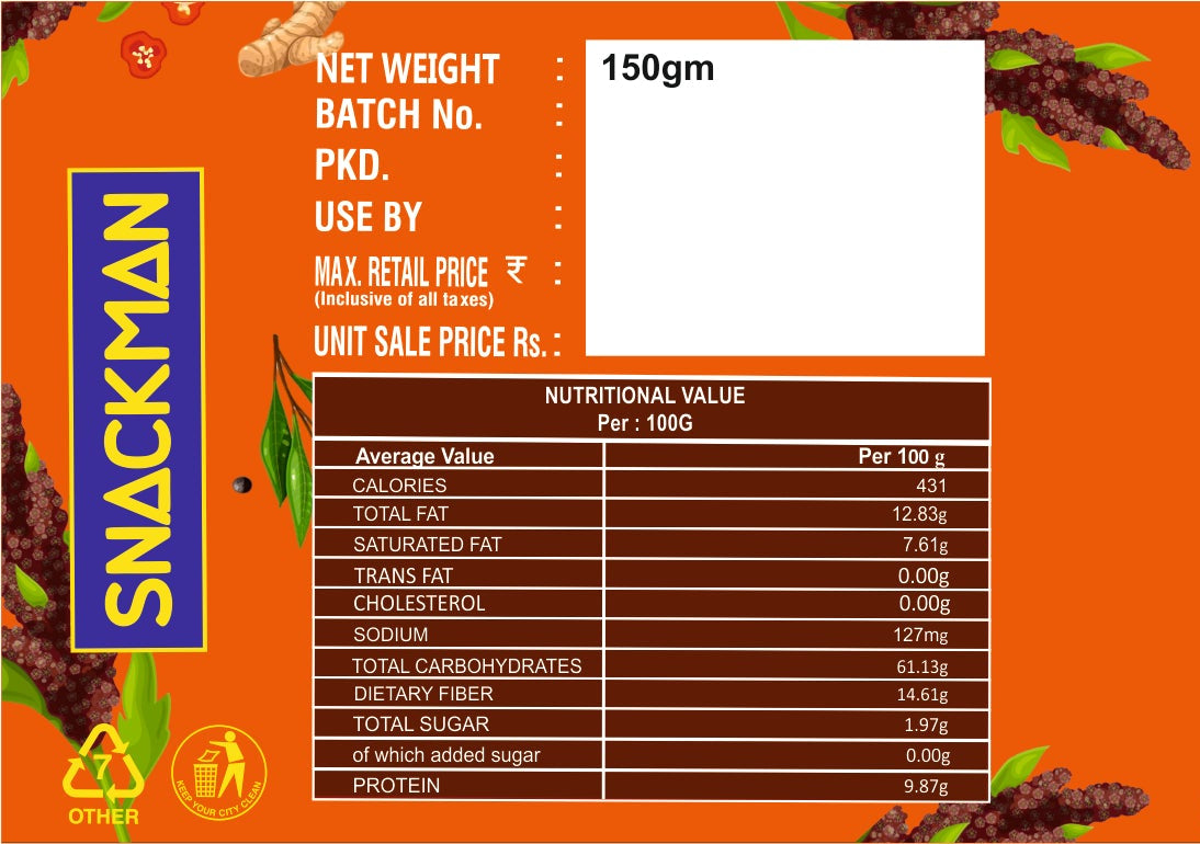 snackman masala ragi chips packaging with orange background and product details.