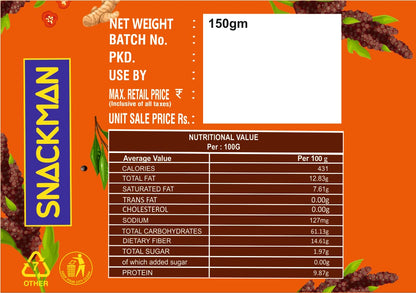 SnackMan Masala Ragi Chips packaging with orange background and product details.