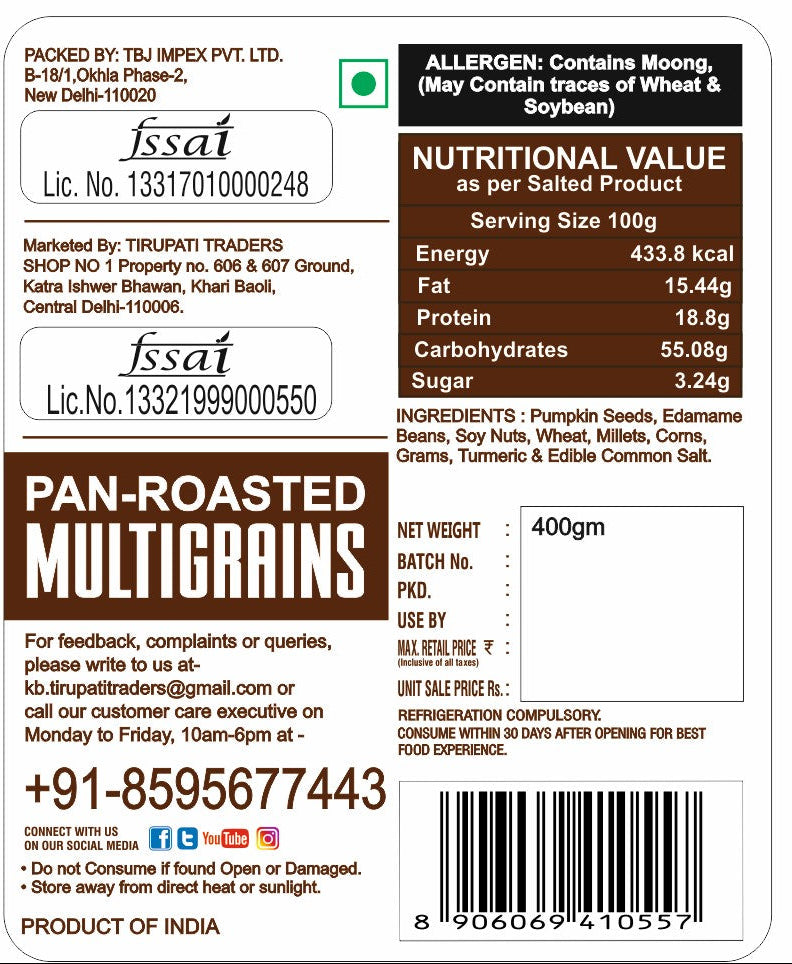 snackman non-fried snack pan-roasted multigrains label with nutritional information and ingredients.