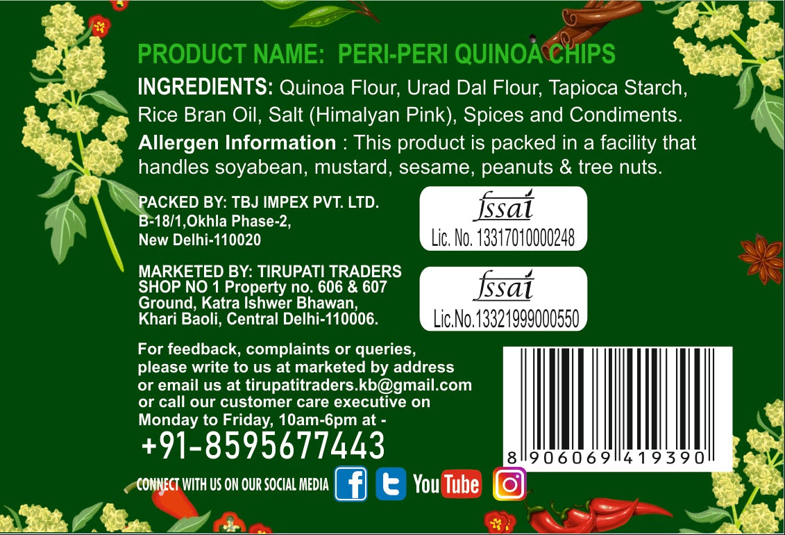 snackman peri-peri quinoa chips packaging with green background and product details.