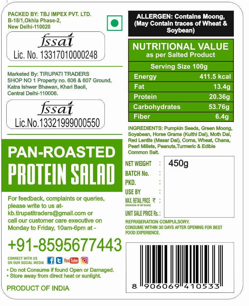 pan-roasted protein salad packaging with nutritional information and contact details.