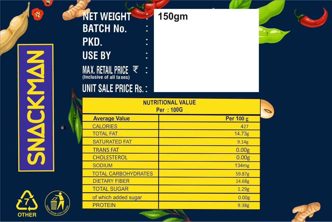 Snackman Pudina Soya Chips packaging with product details and branding.