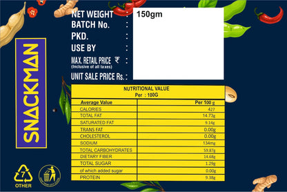Snackman Pudina Soya Chips packaging with product details and branding.