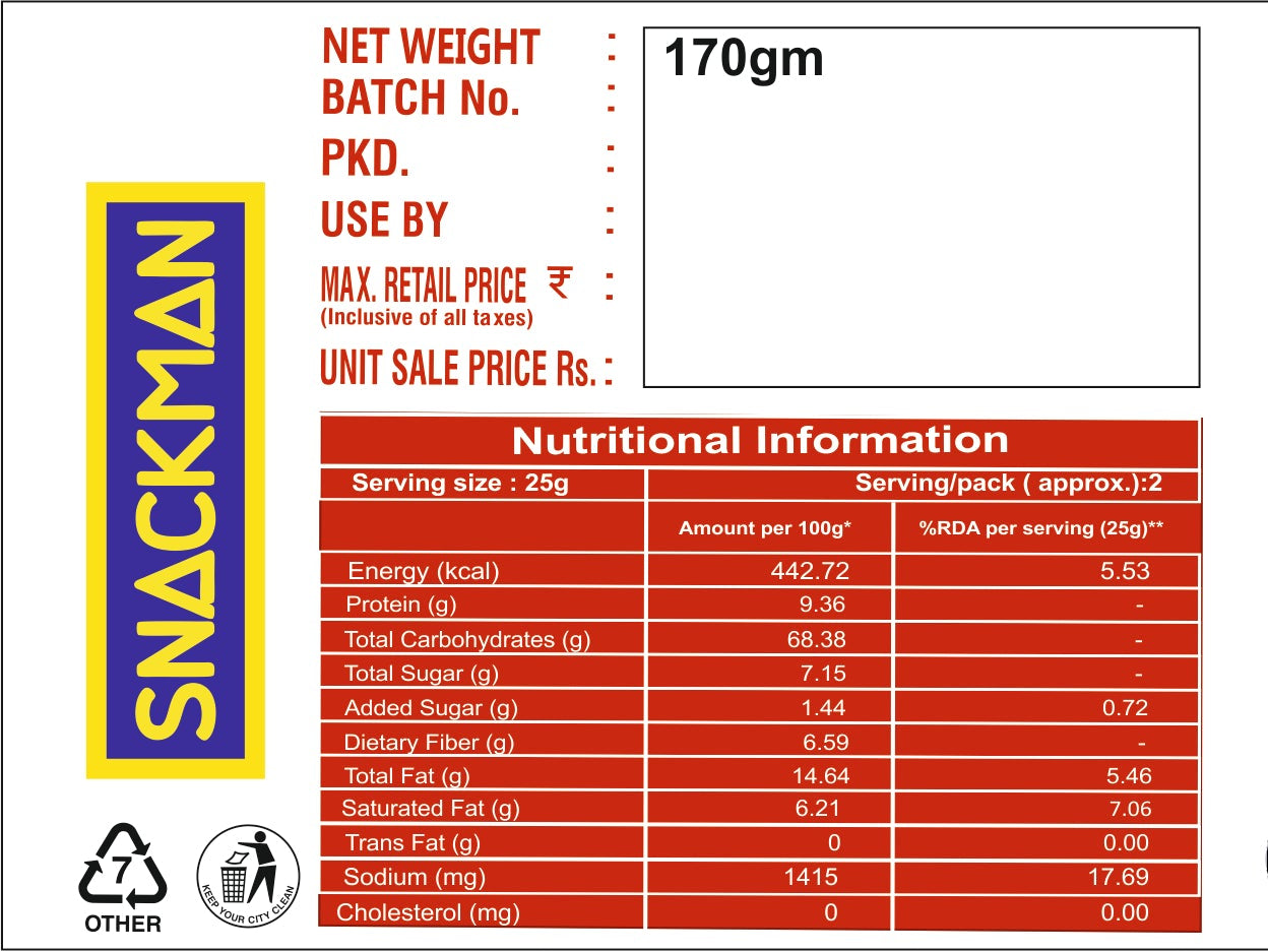 Snackman Quinoa Puffs Smoked Garlic packaging with nutritional information and branding details.