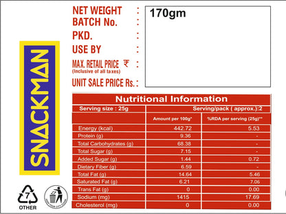 Snackman Quinoa Puffs Smoked Garlic packaging with nutritional information and branding details.