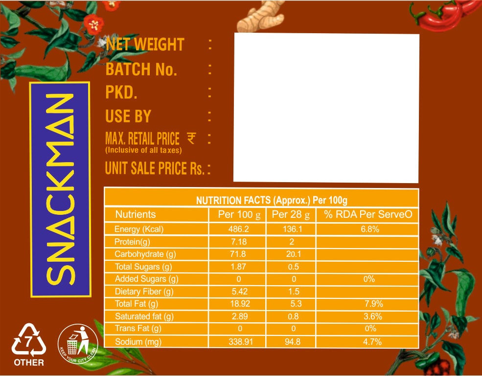 snackman roasted makhana cheese & herbs packaging with brand logo and product details.