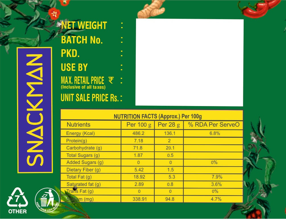 snackman roasted makhana packaging with green background and brand logo.