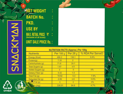Snackman Roasted Makhana packaging with green background and brand logo.