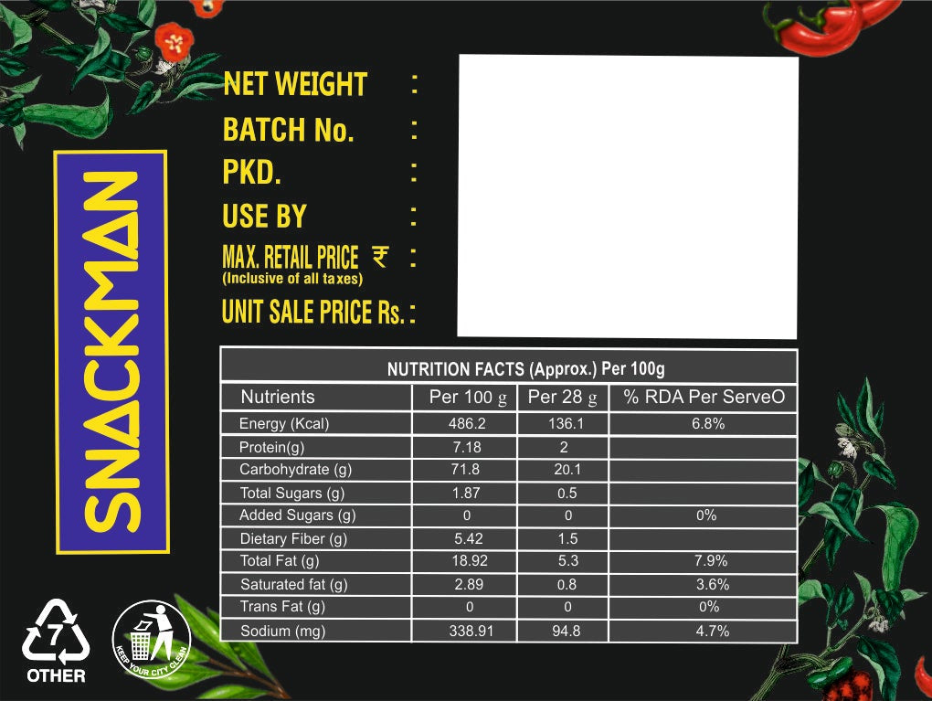 SnackMan Roasted Makhana salt and pepper packaging with brand logo and product details.