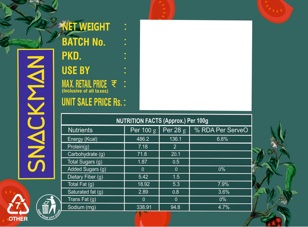 Snackman roasted makhana packaging with green background and red tomatoes