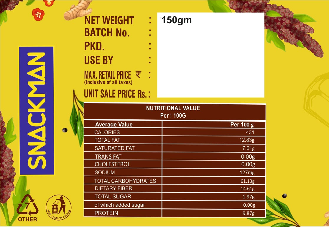 snackman salted ragi chips packaging with nutritional information and ingredients list.