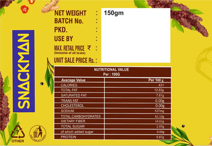 SnackMan Salted Ragi Chips packaging with nutritional information and ingredients list.