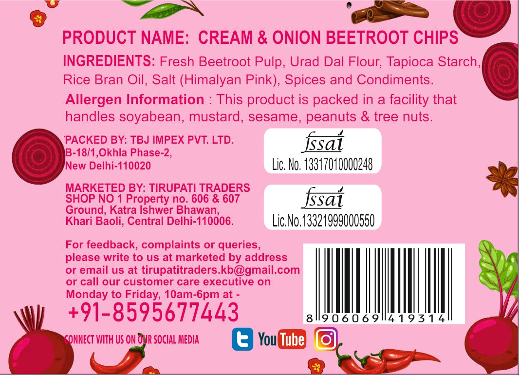 Back of a packaging with product details, ingredients, and contact information on a pink background.