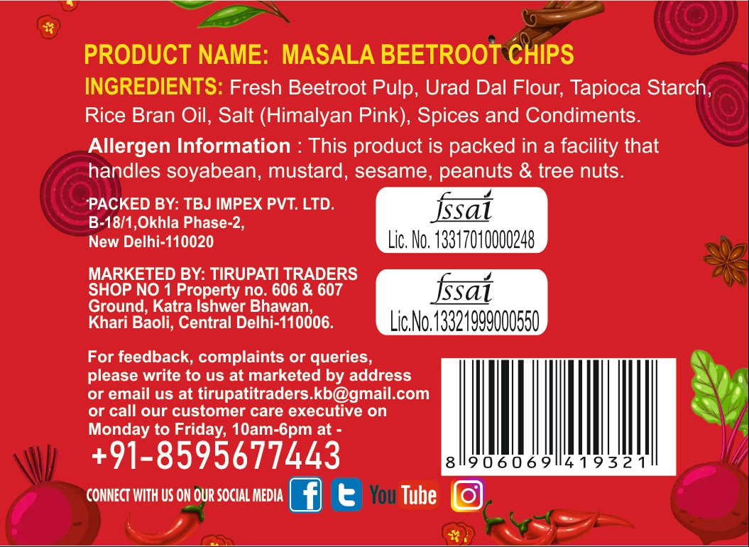 Back of a packaging for Masala Beetroot Chips with ingredient list, allergen information, and contact details on a red background.