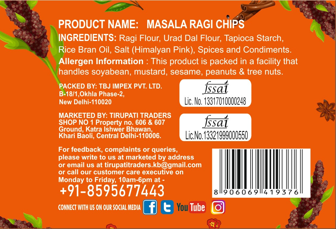 SnackMan Masala Ragi Chips packaging with orange background and product details.