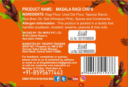 SnackMan Masala Ragi Chips packaging with orange background and product details.