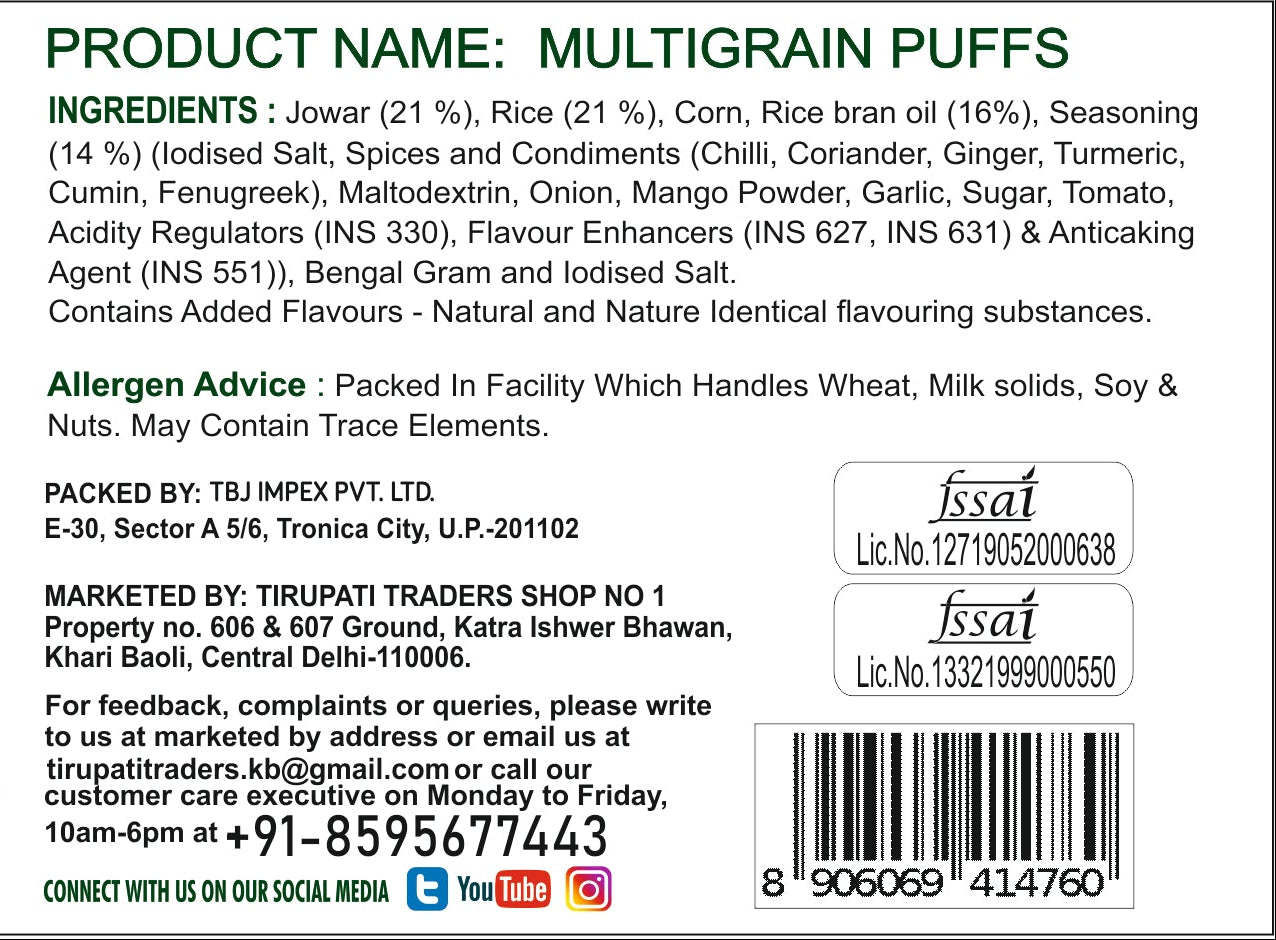 Snackman Multigrain Puffs Punjabi Masala packaging with wheat images and text.