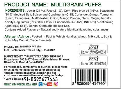 Snackman Multigrain Puffs Punjabi Masala packaging with wheat images and text.