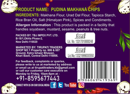 SnackMan Pudina Makhana Chips packaging with branding and product details.