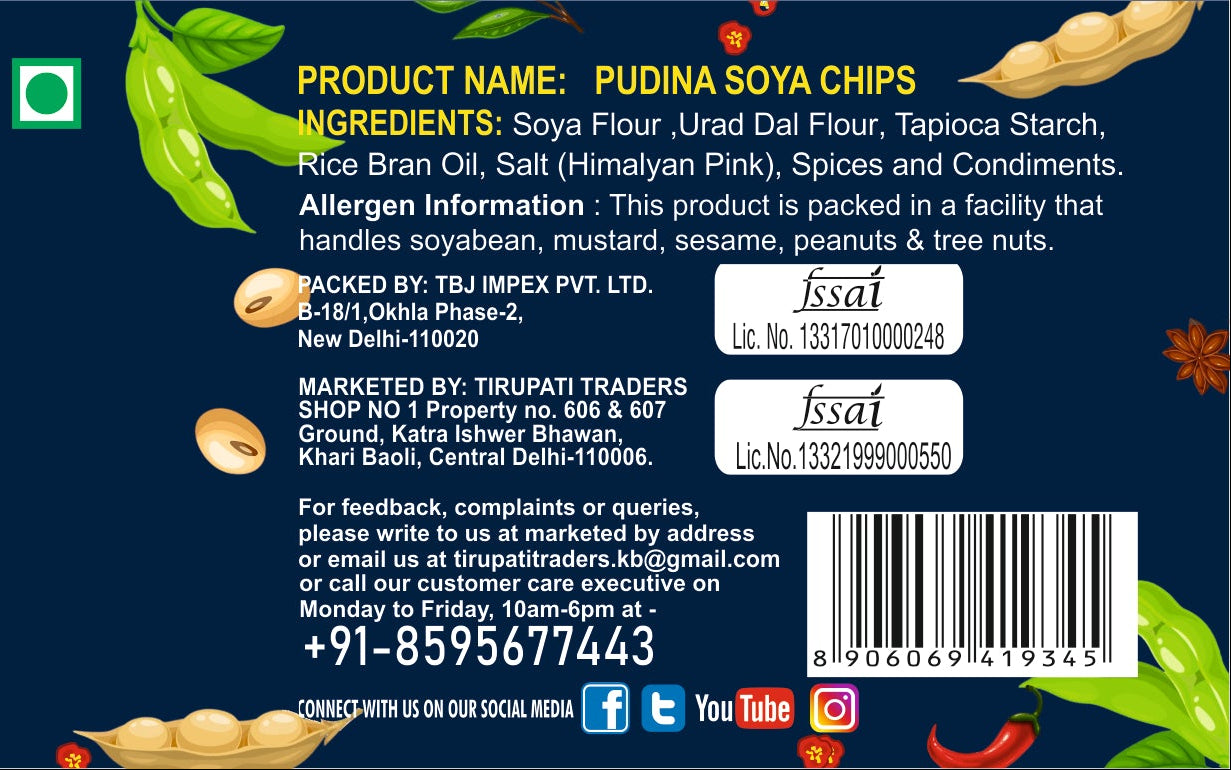 snackman pudina soya chips packaging with product details and branding.