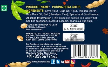 Snackman Pudina Soya Chips packaging with product details and branding.