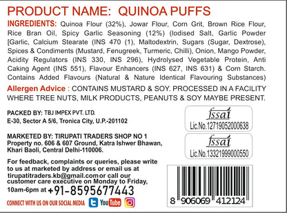 Snackman Quinoa Puffs Smoked Garlic packaging with nutritional information and branding details.