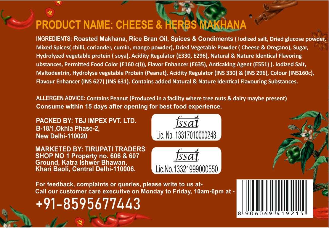 snackman roasted makhana cheese & herbs packaging with brand logo and product details.