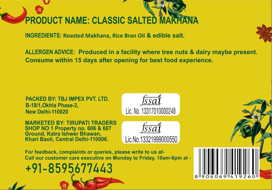 snackman roasted makhana classic salted packaging with yellow background and green text