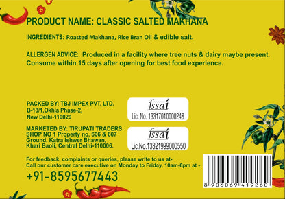 Snackman Roasted Makhana Classic Salted packaging with yellow background and green text